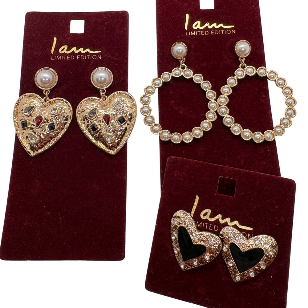 I Am Limited Edition Earring Lot 3 Pairs Gold Tone Heart Pearl Hoop Statement‎